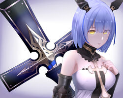  azur_lane bare_shoulders blue_hair breasts choker commentary_request cross_(weapon) dress female fleur-de-lis floating_headgear gascogne_(azur_lane) gauntlets gradient_background hair_between_eyes headgear highres junno_(jun12man) looking_at_viewer multicolored_hair parted_lips short_hair simple_background single_gauntlet solo strapless strapless_dress upper_body weapon white_dress yellow_eyes 