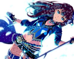  asymmetrical_legwear bad_id bad_pixiv_id belt black_shorts blue_eyes blue_gloves blue_hair breasts brown_hair chains choker cleavage collarbone commentary_request cowboy_shot crop_top dutch_angle earrings female fingerless_gloves floating_hair garter_straps gloves highres holding holding_microphone idolmaster idolmaster_cinderella_girls jewelry long_hair looking_at_viewer medium_breasts microphone microphone_stand midriff multicolored_hair navel necklace shibuya_rin shiki_(0802makimari) short_shorts shorts simple_background smile solo standing star_(symbol) star_necklace stomach thigh_strap two-tone_hair uneven_legwear white_background 