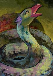  2019 ambiguous_gender beak fantastic_beasts_and_where_to_find_them feathers feral hi_res long_body occamy_(fantastic_beasts) open_mouth satynapaper simple_background solo tongue traditional_media_(artwork) yellow_eyes yellow_sclera 