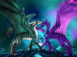  2019 ambiguous_gender claws curved_horn detailed_background digital_media_(artwork) dragon duo european_mythology feral green_body green_scales hi_res horn membrane_(anatomy) membranous_wings mythological_creature mythological_scalie mythology outside purple_body purple_scales scales scalie selianth selianth_(character) spines tail western_dragon wings 