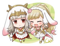  2girls :&lt; animal_ears blonde_hair chibi closed_eyes closed_mouth commentary_request dress fake_animal_ears fire_emblem fire_emblem_heroes flower gradient_hair grey_hair hair_flower hair_ornament holding_hands long_hair multicolored_hair multiple_girls open_mouth pink_hair ponytail rabbit_ears red_eyes sharena_(fire_emblem) sharena_(spring)_(fire_emblem) suzuka_(rekkyo) veronica_(fire_emblem) veronica_(spring)_(fire_emblem) white_legwear wrist_cuffs 