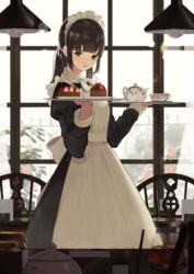  apron black_dress blurry blurry_background blush brown_eyes brown_hair ceiling_light chair commentary_request cup depth_of_field dress female food fruit hands_up highres holding holding_tray indoors juliet_sleeves long_hair long_sleeves looking_at_viewer low_twintails maid maid_apron maid_headdress original parted_lips puffy_sleeves shii_(kairi-t-k0317) smile solo steam strawberry table teacup teapot tray twintails white_apron window 