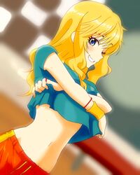  absurdres bad_id bad_pixiv_id blonde_hair blue_eyes blue_shirt blurry blurry_background bracelet clothes_lift commentary_request cropped_arms dutch_angle female grin highres idolmaster idolmaster_cinderella_girls jewelry lifting_own_clothes long_hair looking_at_viewer midriff navel ohtsuki_yui orange_pants pants ring shiki_(0802makimari) shirt shirt_lift smile solo standing stomach upper_body wristband 