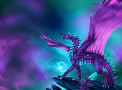  2019 ambiguous_gender claws curved_horn detailed_background digital_media_(artwork) dragon european_mythology feral hi_res horn membrane_(anatomy) membranous_wings mythological_creature mythological_scalie mythology open_mouth outside purple_body purple_eyes purple_scales scales scalie selianth selianth_(character) solo spines standing tail teeth western_dragon wings 