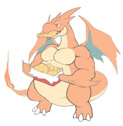  ambiguous_gender eating food fried_chicken hi_res maldu mega_charizard mega_charizard_y mega_evolution nintendo overweight pok&eacute;mon_(species) pokemon simple_background video_games white_background 