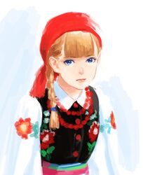  blue_eyes blunt_bangs braid brown_hair collared_shirt female flower lips long_hair long_sleeves looking_at_viewer original polish_clothes red_flower red_headwear second-party_source shirt slavic_clothes solo traditional_clothes upper_body white_background yoshinari_kou 