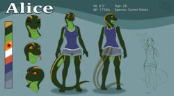  2019 3_toes 5_fingers alice_(surgery-s) anthro biped bottomwear closed_eyes clothed clothing digital_media_(artwork) english_text eyelashes feet female fingers forked_tongue garter_snake gesture green_body green_scales kittydee markings model_sheet orange_eyes orange_sclera pants reptile scales scalie shirt smile snake solo standing tank_top text toes tongue tongue_out topwear waving 