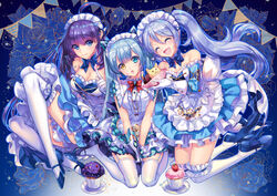  bicolored_eyes blue blue_eyes blue_hair bow cu-rim dress garter gloves headdress kara_(king&#039;s_raid) king&#039;s_raid long_hair maid mirianne_(king&#039;s_raid) sonia_(king&#039;s_raid) stockings thighhighs twintails 