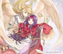  1boy blonde_hair blush circlet closed_mouth commentary_request feathered_wings feathers female fire_emblem fire_emblem:_path_of_radiance fire_emblem:_radiant_dawn fire_emblem_heroes green_eyes haru_(nakajou-28) headband long_hair long_sleeves open_mouth purple_hair red_headband reyson_(fire_emblem) robe sanaki_kirsch_altina sleeves_past_fingers sleeves_past_wrists white_wings wings yellow_eyes 