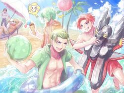  5boys :d auel_neider ball beach blue_eyes blue_sky brown_shorts character_request clotho_buer cloud commentary_request day earphones food green_jacket grin gundam gundam_seed gundam_seed_destiny hand_on_own_hip holding holding_ball holding_food hood hood_down hooded_jacket ice_cream innertube jacket lens_flare lying multiple_boys on_back open_clothes open_jacket open_mouth orga_sabnak outdoors parasol red_shorts shani_andras shirt short_hair short_shorts shorts sky smile sting_oakley sunglasses sunlight swim_ring umbrella wading white_shirt yellow_jacket yuuka_seisen 