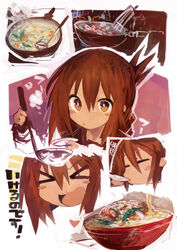  &gt;_&lt; absurdres blowing bowl bright_pupils brown_hair champon closed_eyes commentary_request cooking female folded_ponytail food frying_pan hair_between_eyes happy heart highres holding holding_ladle inazuma_(kancolle) kaamin_(mariarose753) kantai_collection ladle long_hair long_sleeves open_mouth outline outside_border plate school_uniform serafuku smile tasting tasting_plate translation_request v-shaped_eyebrows white_pupils yellow_eyes 