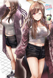  3; black_shorts blush bow breasts brown_hair cleavage coat collarbone commentary_request cup day disposable_coffee_cup disposable_cup female hairbow himuro_shunsuke holding holding_cup idolmaster idolmaster_shiny_colors large_breasts long_hair looking_at_viewer multiple_views navel one_eye_closed outdoors pink_eyes purple_coat shirt shoes shorts sidelocks sleeves_past_wrists smile sneakers socks swept_bangs tsukioka_kogane white_shirt 