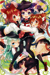  4girls :d :o ;) ;d akatsuki_(kantai_collection) anchor_symbol animal_ears black_hair black_legwear blue_eyes blush brown_eyes brown_hair cat_ears cat_tail fang_out folded_ponytail girl_sandwich gloves hair_ornament hairclip hat hibiki_(kantai_collection) highres ikazuchi_(kantai_collection) inazuma_(kantai_collection) kantai_collection kemonomimi_mode loafers long_hair multiple_girls neckerchief oerba_yun_fang one_eye_closed open_mouth panties pantyhose paw_gloves paws sandwiched scan school_uniform serafuku shoes short_hair skin_fang skirt smile socks source_request suzuho_hotaru tail thighhighs underwear white_hair white_panties 