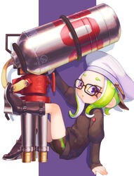  :o arm_up backwards_hat belt belt_buckle bike_shorts black-framed_eyewear black_belt black_footwear black_jacket boots buckle commentary_request female full_body glasses green_hair hat highres hydra_splatling_(splatoon) jacket leg_up long_hair long_sleeves looking_at_viewer multiple_belts octoling octoling_girl octoling_player_character open_mouth peaked_cap purple_eyes silhouette single_vertical_stripe sitting sleeves_past_wrists solo splatoon_(series) splatoon_2 suction_cups suzuhiro tentacle_hair white_hat 