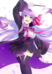  absurdres bangs bb_(fate)_(all) bb_(fate/extra_ccc) black_jacket black_legwear black_skirt collared_shirt cropped_jacket eyebrows_visible_through_hair fate/grand_order fate_(series) female gloves highres jacket miniskirt neck_ribbon open_clothes open_jacket pleated_skirt purple_eyes purple_hair red_neckwear red_ribbon ribbon school_uniform shirt skirt solo tagme thighhighs white_gloves wide_sleeves zettai_ryouiki 