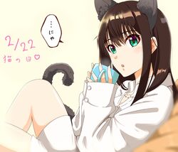  animal_ears bad_id bad_pixiv_id brown_hair cat_ears cat_tail collarbone collared_shirt commentary_request cup dress_shirt female green_eyes hair_between_eyes highres holding holding_cup idolmaster idolmaster_cinderella_girls jewelry long_hair long_sleeves lying naked_shirt necklace on_back open_mouth shibuya_rin shiki_(0802makimari) shirt simple_background solo speech_bubble tail teacup white_background white_shirt wing_collar 