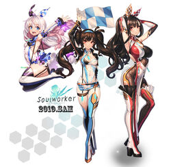  3girls arm_up armpits arms_up ass_visible_through_thighs blue_eyes bodysuit boots bow braid breasts checkered_flag cleavage covered_navel detached_sleeves ecell elbow_gloves flag garter_straps gloves hair_ornament hairband hairbow highres impossible_clothes iris_yuma large_breasts leotard lily_bloomerchen looking_at_viewer low_twin_braids microskirt multiple_girls parted_lips pelvic_curtain photoshop_(medium) pink_hair ponytail race_queen red_eyes sidelocks skin_tight skirt small_breasts soulworker stella_unibell suspenders thigh_boots thigh_strap thighhighs twin_braids twintails white_footwear white_hair 