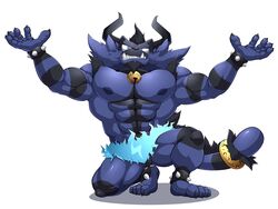  alternate_color anthro azune_tonkotsu bell bell_collar black_hair blue_body blue_fur bracelet collar fur generation_7_pokemon hair hi_res incineroar jewelry maldu male muscular muscular_anthro muscular_male nintendo nipples pokemon pokemon_(species) simple_background solo spiked_bracelet spikes white_background 