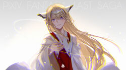  achyue blonde_hair blue_eyes braid commentary copyright_name falia_the_queen_of_the_mountains female grey_background headpiece highres long_hair looking_at_viewer photoshop_(medium) pixiv_fantasia pixiv_fantasia_last_saga pointy_ears simple_background smile solo standing twin_braids wide_sleeves 