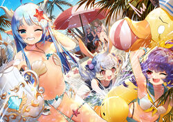  5girls absurdres ahoge animal_ears arm_up armpits arms_up ball beach_umbrella beachball bikini bikini_bottom_only black_legwear blue_eyes blue_hair breasts brown_hair bsue commentary_request day dragon_girl dragon_horns dragon_tail eating empty_eyes flat_chest food grey_hair grin hair_ornament hand_in_own_hair highres horns jane_(king&#039;s_raid) jewelry king&#039;s_raid lewisia_(king&#039;s_raid) lilia_(king&#039;s_raid) long_hair luna_(king&#039;s_raid) miruru_(king&#039;s_raid) mouth_hold multiple_girls navel oerba_yun_fang one-piece_swimsuit one_eye_closed open_mouth outdoors palm_tree pendant pink_eyes pointy_ears pool popsicle purple_eyes purple_hair rabbit_ears school_swimsuit seashell shell shell_bikini smile splashing staff starfish swimsuit tail thighhighs tree twintails umbrella very_long_hair water white_bikini 