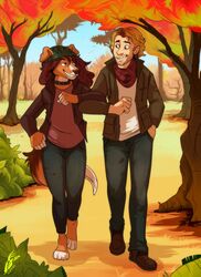  2017 anthro arm_in_arm autumn beanie blonde_hair blue_eyes border_collie bottomwear brown_eyes button_ears canid canine canis chestnut_hair clothed clothing collar collie denim denim_bottomwear denim_clothing domestic_dog duo eye_contact female female_on_human floppy_ears footwear fur grey_body grey_fur grin hair happy hat headgear headwear heart_symbol herding_dog hi_res hood human human_on_anthro interspecies jacket jeans john_(ziapaws) korbin looking_at_another love male male/female male_on_anthro mammal master multicolored_body multicolored_fur outside pants park pastoral_dog pet_(disambiguation) plant romantic romantic_ambiance romantic_couple roxy_(ziapaws) scarf sheepdog shoes smile spitz topwear tree walking 