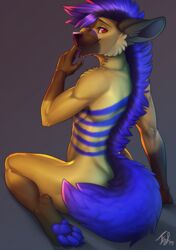  2019 4_toes 5_fingers anthro blue_hair digital_media_(artwork) feet fefairy fingers fur hair hyena male mammal nude purple_hair red_eyes simple_background smile solo striped_hyena tail tan_body tan_fur toes 