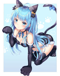  :3 absurdres ahoge all_fours animal_ear_fluff animal_ears animal_hands bare_shoulders bell black_choker black_gloves black_leotard black_thighhighs blue_eyes blue_hair blue_ribbon blush breasts cat_ears cat_tail choker cleavage closed_mouth collarbone commentary_request dangmyo elbow_gloves female frills gloves halloween_costume halterneck highres jingle_bell king&#039;s_raid leotard lilia_(king&#039;s_raid) long_hair looking_at_viewer paw_gloves paw_print paw_print_background ribbon sidelocks small_breasts smile solo tail tail_ornament tail_ribbon thighhighs thighs v-shaped_eyebrows 