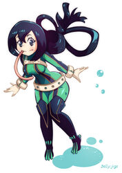  :&gt; artist_name asui_tsuyu black_eyes black_hair bodysuit boku_no_hero_academia breasts closed_mouth commentary_request female frog_girl full_body gloves green_bodysuit hair_between_eyes hair_rings jellyjigs long_hair long_tongue looking_at_viewer low-tied_long_hair medium_breasts smile solo superhero_costume tongue tongue_out wide_hips wrists_extended 