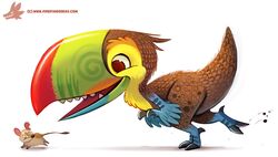  2016 ambiguous_gender avian beak big_beak bird blue_body blue_feathers brown_body brown_feathers chasing claws digital_media_(artwork) digital_painting_(artwork) dinosaur dromaeosaurid duo extinct feathered_dinosaur feathered_scalie feathers feral hybrid keel-billed_toucan mammal open_mouth orange_body orange_feathers piper_thibodeau prehistoric_species ramphastos red_eyes reptile running scalie scared simple_background size_difference teeth text theropod toucan url white_background yellow_body yellow_feathers 