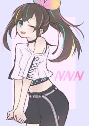  absurdres alternate_costume aqua_eyes bad_id bad_pixiv_id belt black_shorts brown_hair choker commentary_request cowboy_shot female highres jipponwazaari kizuna_ai kizuna_ai_(musician) kizuna_ai_inc. long_hair looking_at_viewer multicolored_hair off-shoulder_shirt off_shoulder one_eye_closed open_mouth ponytail shirt short_sleeves shorts smile solo streaked_hair virtual_youtuber white_shirt 