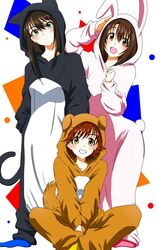  3girls :d absurdres animal_costume animal_ears bad_id bad_pixiv_id between_legs blue_legwear blush brown_eyes brown_hair cat_costume cat_ears cat_tail collarbone commentary_request dog_costume dog_ears dog_tail earrings fake_animal_ears fake_tail frown green_eyes grin hair_between_eyes hand_between_legs head_tilt highres honda_mio idolmaster idolmaster_cinderella_girls indian_style jewelry long_hair looking_at_viewer multiple_girls new_generations_(idolmaster) open_mouth pink_legwear rabbit_costume rabbit_ears rabbit_tail shibuya_rin shiki_(0802makimari) shimamura_uzuki short_hair sitting smile socks standing tail yellow_legwear 