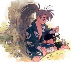  1boy age_difference bandages barefoot black_hair closed_eyes commentary dororo_(character) dororo_(tezuka) edmhhhnh female flower grey_hair hyakkimaru_(dororo) indian_style japanese_clothes lolicon looking_at_another messy_hair ponytail reverse_trap sitting sleeping sleeping_on_person symbol-only_commentary tezuka_osamu_(style) 