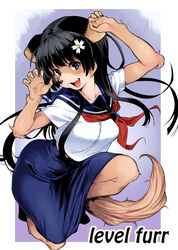  5_fingers a_certain_(franchise) alternate_species anthro black_eyes black_hair blue_bottomwear blue_clothing blue_skirt bottomwear breasts brown_body brown_fur canid canine canis claw_pose clothed clothing cute_fangs domestic_dog female fingers flower fully_clothed fur furrification hair hi_res kawakami_masaki kemono kerchief looking_at_viewer mammal neckerchief open_mouth plant red_clothing red_kerchief red_neckerchief saten_ruiko shirt simple_background skirt smile solo tongue topwear white_clothing white_shirt white_topwear 