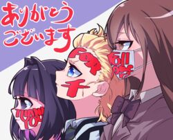  3girls absurdres bad_id bad_pixiv_id black_eyes black_hair blonde_hair blue_eyes blunt_bangs bow bowtie brown_eyes brown_hair collared_shirt commentary_request english_text facepaint hairband highres jipponwazaari mask milestone_celebration mole mole_under_mouth mouth_mask multiple_girls necktie original portrait profile red_hairband shirt smile striped striped_necktie thank_you 