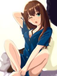  ;o bad_id bad_pixiv_id barefoot blue_shirt blue_shorts breasts brown_hair cleavage collarbone commentary_request dress_shirt earrings female green_eyes hand_in_own_hair highres idolmaster idolmaster_cinderella_girls indian_style jewelry long_hair looking_at_viewer medium_breasts one_eye_closed shibuya_rin shiki_(0802makimari) shirt short_shorts short_sleeves shorts simple_background sitting solo white_background 