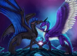  2019 ambiguous_gender brokshax_(character) claws curved_horn detailed_background digital_media_(artwork) dragon duo embyr european_mythology feathered_dragon feathered_scalie feathers feral hi_res horn membrane_(anatomy) membranous_wings mythological_creature mythological_scalie mythology scalie selianth spines tail western_dragon wings 