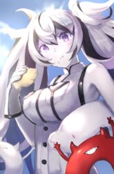  abyssal_ship bad_id bad_pixiv_id black_hair blonde_hair blue_eyes blue_sky blush breasts closed_mouth cloud commentary_request day eating enemy_lifebuoy_(kancolle) escort_water_princess female food gloves hair_between_eyes hairband highres kantai_collection large_breasts long_hair looking_at_viewer looking_down multicolored_hair purple_eyes sky thighhighs twintails weasel_(close-to-the-edge) white_hair 