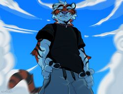  2019 5_fingers anthro clothed clothing cloud day digital_media_(artwork) felid fingers fur male mammal nitani orange_body orange_fur outside pantherine shaded smile solo standing striped_body striped_fur stripes ticer tiger 