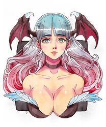  aqua_eyes aqua_hair blunt_bangs breasts commentary_request cropped_torso feather_trim female gradient_hair head_wings highres inktober large_breasts long_hair morrigan_aensland multicolored_hair mynare parted_lips pink_hair simple_background solo traditional_media upper_body vampire_(game) white_background wings 