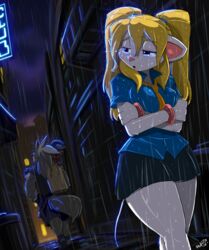  alley anthro bodily_fluids bottomwear breasts canid canine canis clothing duo female hi_res male mammal mouse murid murine raining rodent school_uniform shirt shonuff shred_(shonuff) skirt squeek tears topwear uniform wolf 