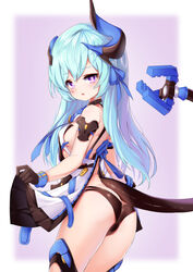  aqua_hair armlet ass asymmetrical_horns bare_shoulders black_gloves black_panties breasts bright_pupils commentary_request cowboy_shot ehart female from_behind gloves hair_ribbon honkai_(series) honkai_impact_3rd horns lifting_own_clothes liliya_olenyeva long_hair looking_at_viewer looking_back outside_border panties purple_eyes ribbon simple_background small_breasts solo tail thighhighs underwear uneven_horns 