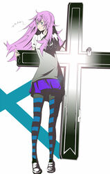  air_gear black_pantyhose blue_background blue_eyes blue_pantyhose blue_skirt closed_mouth commentary_request cross female fingernails full_body grey_vest hair_between_eyes hair_ornament hairclip hillrockover21 legs_apart light_smile long_hair long_legs looking_to_the_side musical_note neck_ribbon pantyhose puffy_short_sleeves puffy_sleeves purple_hair ribbon shirt shoes short_sleeves simple_background skirt solo standing striped_clothes striped_pantyhose sumeragi_kururu two-tone_background two-tone_legwear vest white_background white_footwear white_shirt wind 