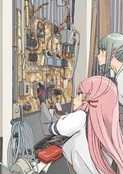  2girls akashi_(kancolle) bad_id bad_twitter_id black_gloves blue_sailor_collar commentary_request electric_plug electrical_outlet fusebox gloves grey_eyes grey_hair hair_ribbon highres inactive_account kachi_(kachi5100) kantai_collection long_hair long_sleeves multiple_girls pink_hair ribbon sailor_collar school_uniform serafuku sidelocks switch toolbox tress_ribbon twitter_username upper_body wiring yuubari_(kancolle) 