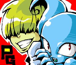  alien blonde_hair blue_body blue_skin earthbound_(series) female giygas hair human low_res male mammal morphine_(artist) nintendo not_furry porky_minch red_eyes rule_63 smile solo 