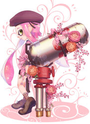  argyle_clothes argyle_legwear beret bike_shorts brown_footwear commentary_request female flower full_body green_eyes hat highres hydra_splatling_(splatoon) inkling inkling_girl inkling_player_character kneepits long_hair orange_flower pink_flower pink_hair pointy_ears polka_dot purple_hat shoelaces shoes single_vertical_stripe sleeves_past_elbows smile socks solo splatoon_(series) splatoon_2 standing suction_cups suzuhiro tentacle_hair tiptoes white_background 