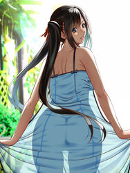  ass back bare_shoulders black_hair blue_dress blue_eyes breasts commentary_request day dress earrings female final_fantasy final_fantasy_vii grin jewelry long_hair looking_back no_bra no_panties outdoors palm_tree see-through_silhouette sleeveless sleeveless_dress smile solo spaghetti_strap switch01 tifa_lockhart tree twintails very_long_hair 