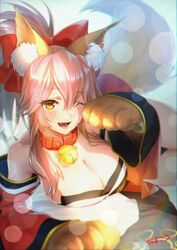  absurdres animal_ear_fluff animal_ears animal_hands bare_shoulders bell blush bow breasts brown_eyes chama_kou cleavage collar commentary_request detached_sleeves fate/grand_order fate_(series) female fox_ears fox_tail gloves hair_between_eyes hairbow highres jingle_bell large_breasts looking_at_viewer lying oerba_yun_fang on_side one_eye_closed open_mouth paw_gloves photoshop_(medium) pink_hair ponytail red_bow revision short_hair signature smile solo tail tamamo_(fate) tamamo_cat_(fate) tamamo_cat_(first_ascension)_(fate) teeth 