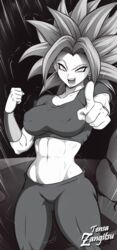  abs artist_name breasts clenched_hand commentary_request covered_nipples crop_top dragon_ball dragon_ball_super earrings female greyscale highres jewelry kefla_(dragon_ball) leggings medium_breasts midriff monochrome muscular muscular_female open_mouth pants pointing potara_earrings short_sleeves smile solo spiked_hair stomach super_saiyan tensa-zangitsu toned vambraces 