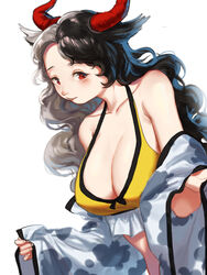  animal_ears animal_print bad_id bad_pixiv_id bare_shoulders bikini black_hair breasts cleavage clothes_pull collarbone commentary_request congming_lan cow_ears cow_girl cow_print female highres horns jacket jacket_pull large_breasts leaning_forward lips long_hair looking_at_viewer looking_to_the_side midriff mismatched_animal_ear_colors multicolored_hair oni_horns parted_lips red_eyes red_horns simple_background solo split-color_hair swimsuit touhou two-tone_hair upper_body ushizaki_urumi white_background white_hair yellow_bikini 