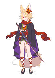  animal_ears blonde_hair breasts cleavage cross-laced_legwear female full_body hair_ornament hair_over_one_eye highres jacket_on_shoulders japanese_clothes katana kimono medium_hair nagisa_kurousagi obi original platform_footwear red_eyes red_scarf sandals sash scarf short_kimono simple_background solo standing sword weapon white_background 